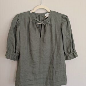 NWT 100% Linen Puff Sleeve Tie Neck Top